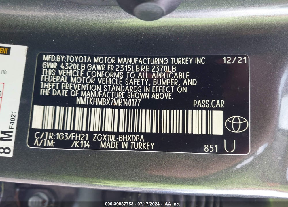 2021 TOYOTA C-HR LE VIN: NMTKHMBX7MR140177