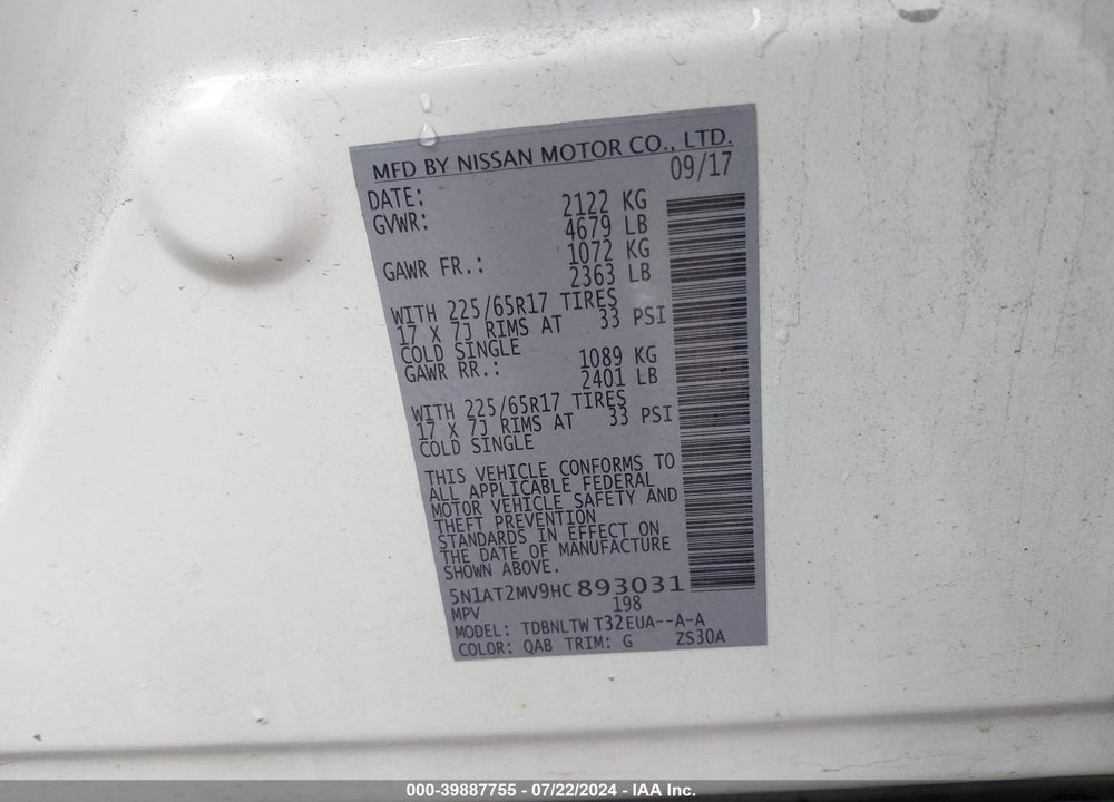 2017 NISSAN ROGUE SV VIN: 5N1AT2MV9HC893031