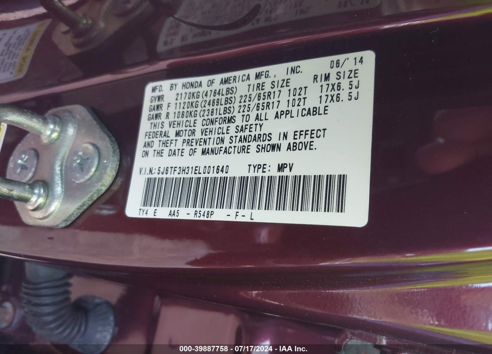 2014 HONDA CROSSTOUR EX VIN: 5J6TF3H31EL001640