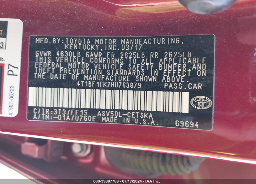2017 TOYOTA CAMRY VIN: 4T1BF1FK7HU763879