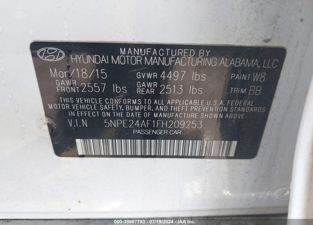 2015 HYUNDAI SONATA SE VIN: 5NPE24AF1FH209253