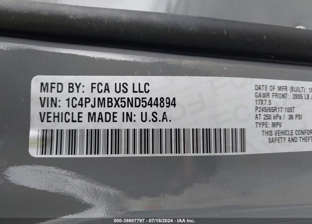 2022 JEEP CHEROKEE TRAILHAWK 4X4 VIN: 1C4PJMBX5ND544894