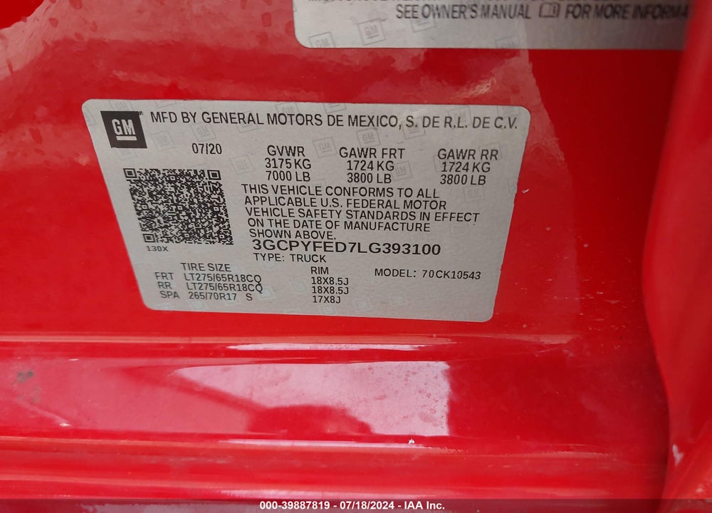 2020 CHEVROLET SILVERADO 1500 4WD SHORT BED LT TRAIL BOSS VIN: 3GCPYFED7LG393100