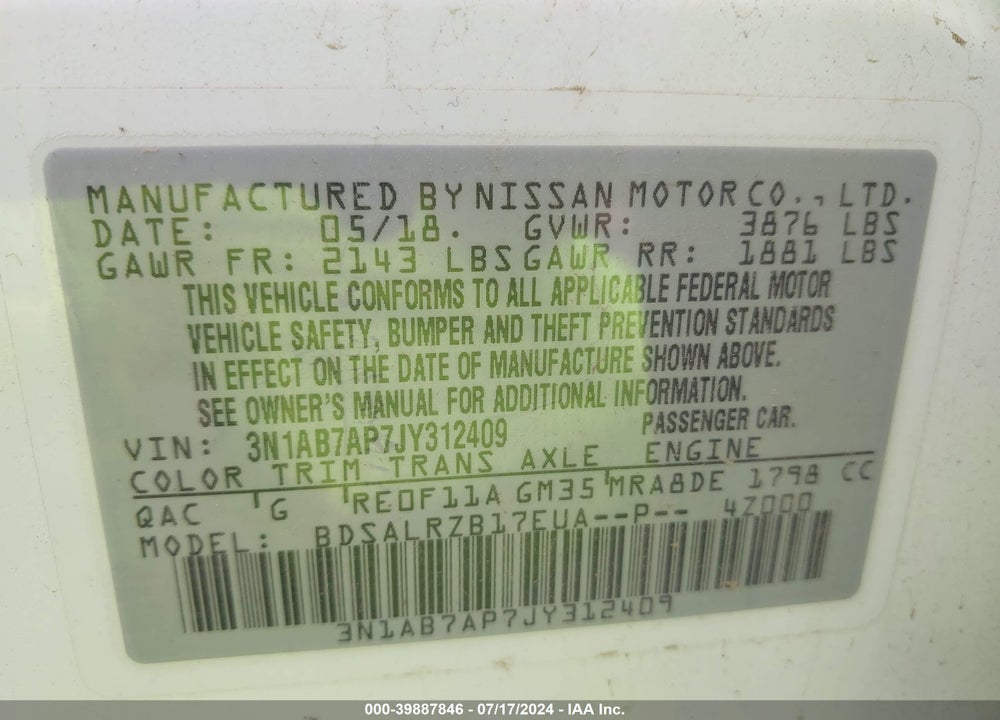 2018 NISSAN SENTRA SR VIN: 3N1AB7AP7JY312409