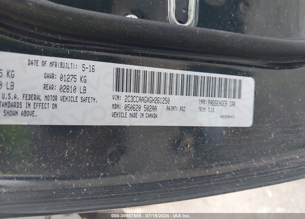 2016 CHRYSLER 300 LIMITED VIN: 2C3CCAAGXGH261250