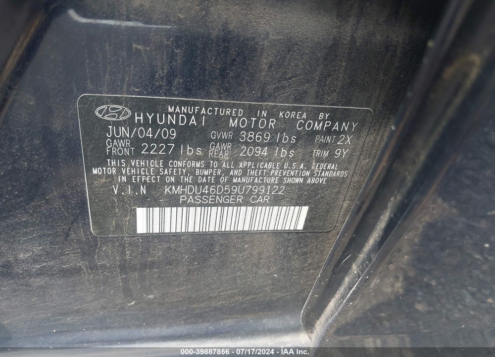 2009 HYUNDAI ELANTRA GLS VIN: KMHDU46D59U799122