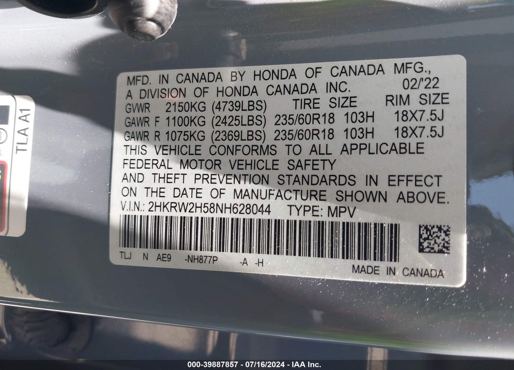 2022 HONDA CR-V AWD EX VIN: 2HKRW2H58NH628044