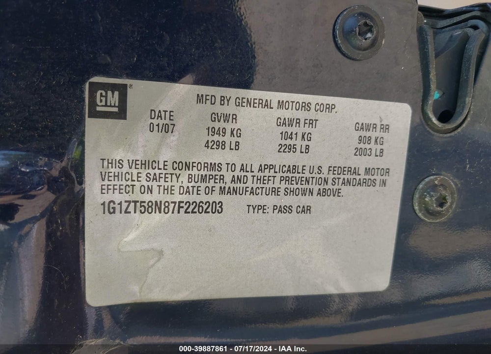 2007 CHEVROLET MALIBU LT VIN: 1G1ZT58N87F226203