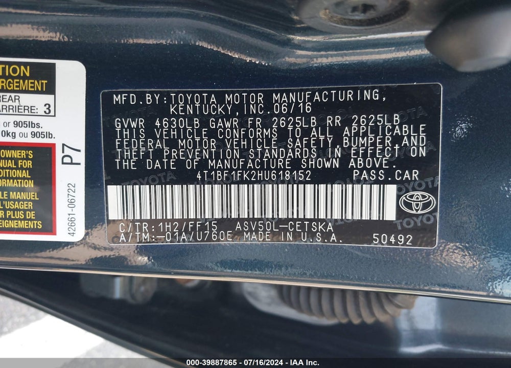 2017 TOYOTA CAMRY SE VIN: 4T1BF1FK2HU618152