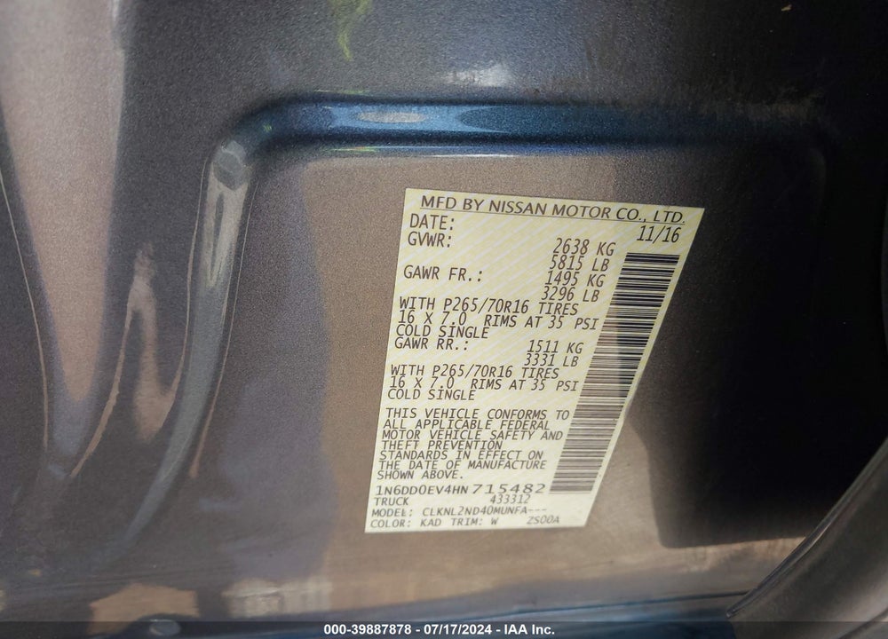 2017 NISSAN FRONTIER VIN: 1N6DD0EV4HN715482