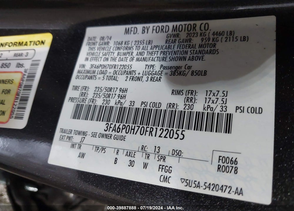 2015 FORD FUSION SE VIN: 3FA6P0H70FR122055