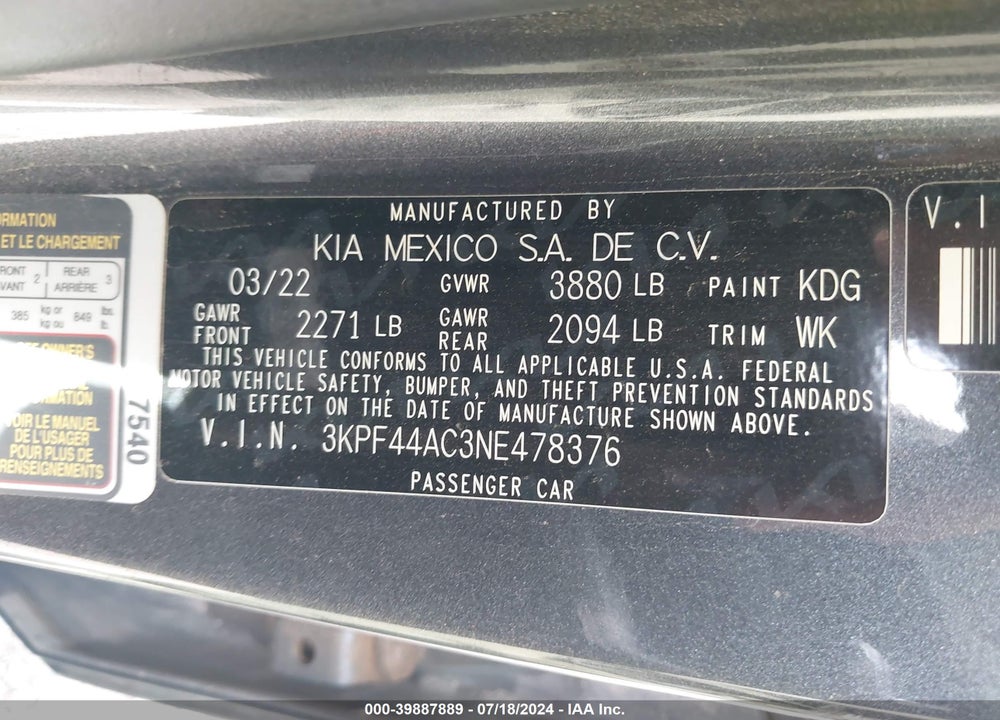2022 KIA FORTE GT MANUAL VIN: 3KPF44AC3NE478376