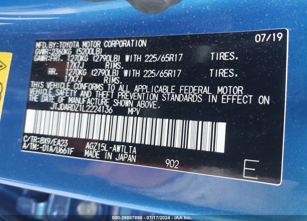 2020 LEXUS NX 300 VIN: JTJDARDZ1L2224136