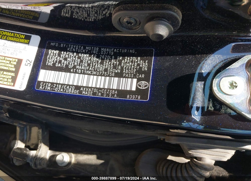 2019 TOYOTA CAMRY SE VIN: 4T1B11HK3KU775756