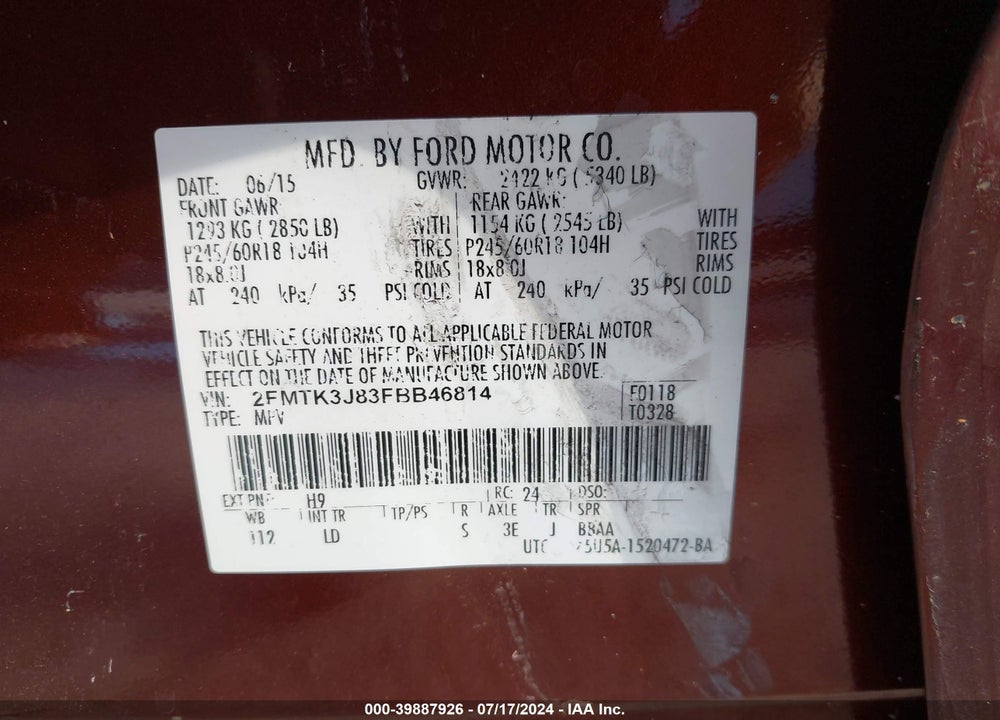 2015 FORD EDGE SEL VIN: 2FMTK3J83FBB46814