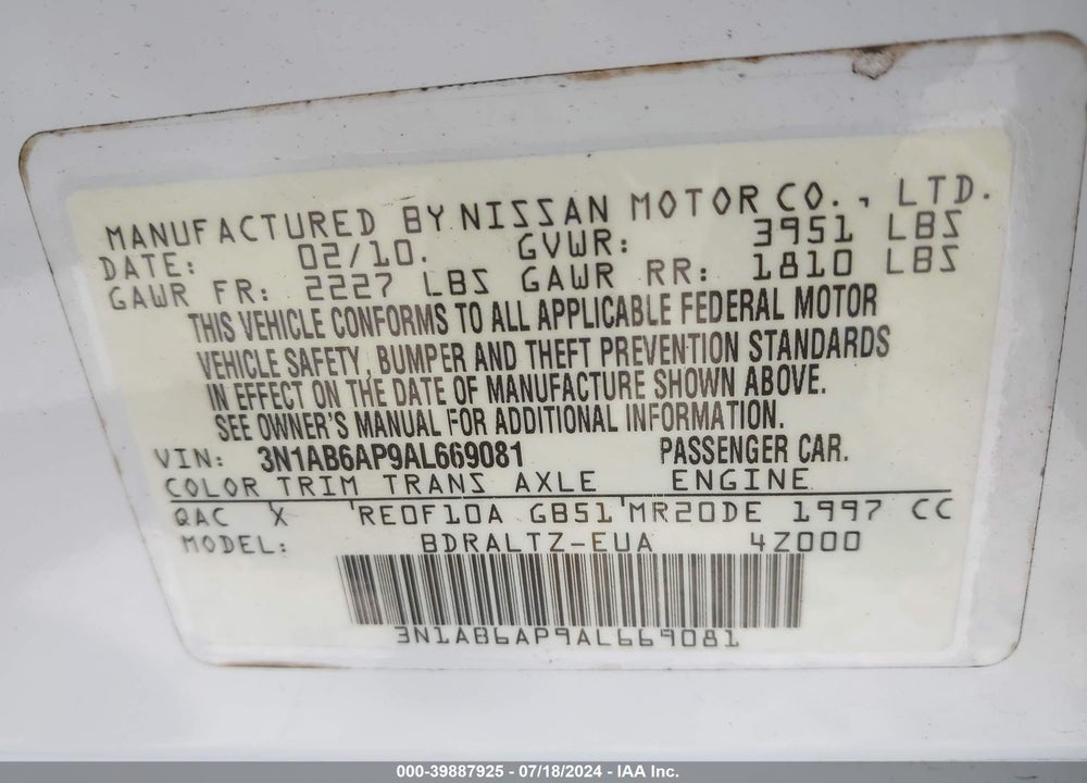 2010 NISSAN SENTRA 2.0SR VIN: 3N1AB6AP9AL669081