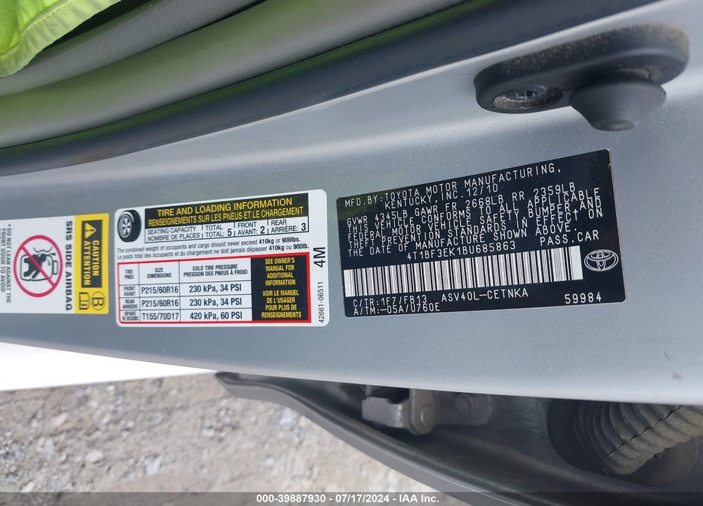 2011 TOYOTA CAMRY LE VIN: 4T1BF3EK1BU685863
