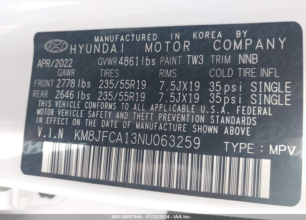 2022 HYUNDAI TUCSON HYBRID SEL CONVENIENCE VIN: KM8JFCA13NU063259