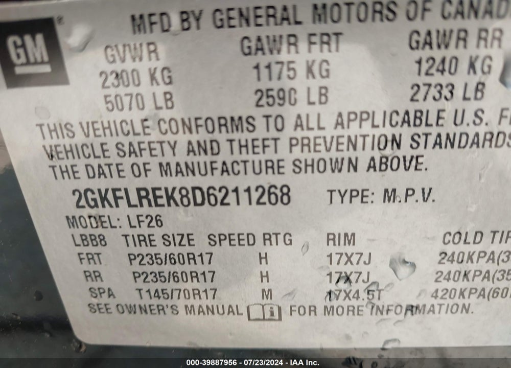2013 GMC TERRAIN SLE-1 VIN: 2GKFLREK8D6211268