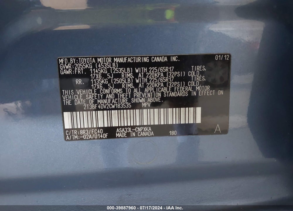 2012 TOYOTA RAV4 VIN: 2T3BF4DV2CW183535