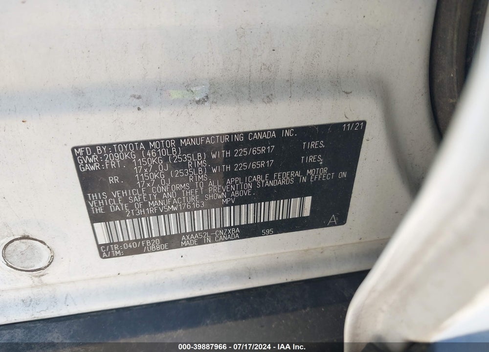 2021 TOYOTA RAV4 LE VIN: 2T3H1RFV5MW176163