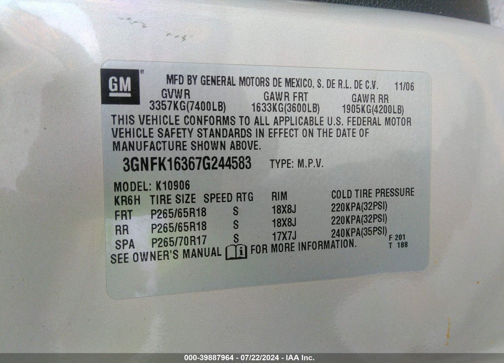2007 CHEVROLET SUBURBAN 1500 LT VIN: 3GNFK16367G244583