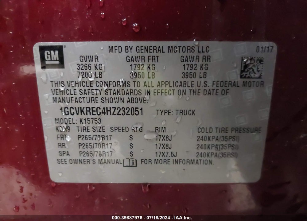 2017 CHEVROLET SILVERADO 1500 1LT VIN: 1GCVKREC4HZ232051