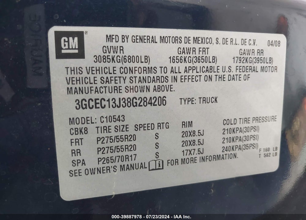 2008 CHEVROLET SILVERADO 1500 LT1 VIN: 3GCEC13J38G284206