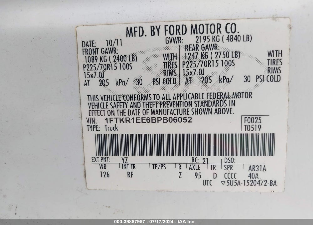 2011 FORD RANGER XL VIN: 1FTKR1EE6BPB06052