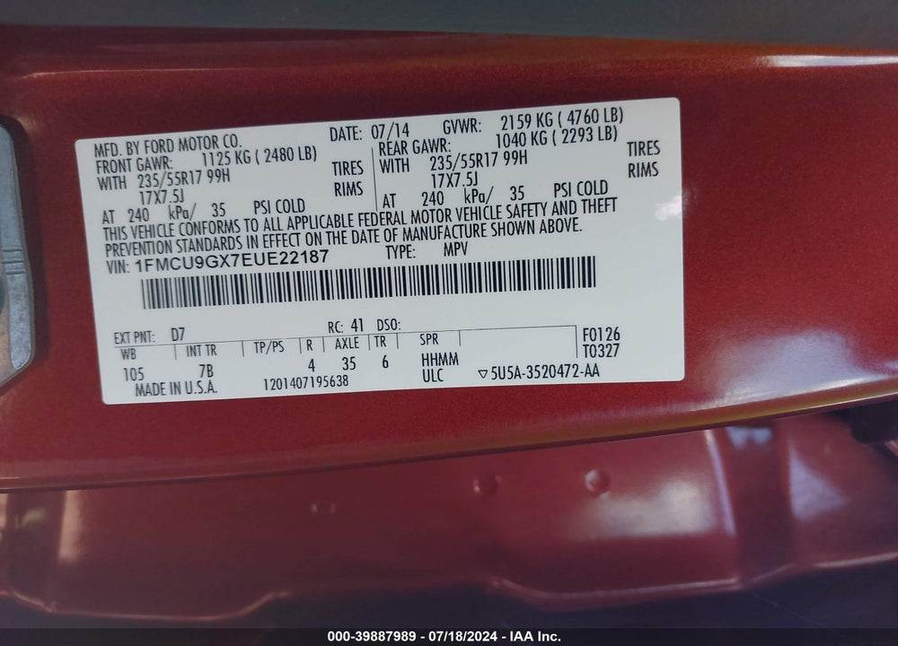 2014 FORD ESCAPE SE VIN: 1FMCU9GX7EUE22187