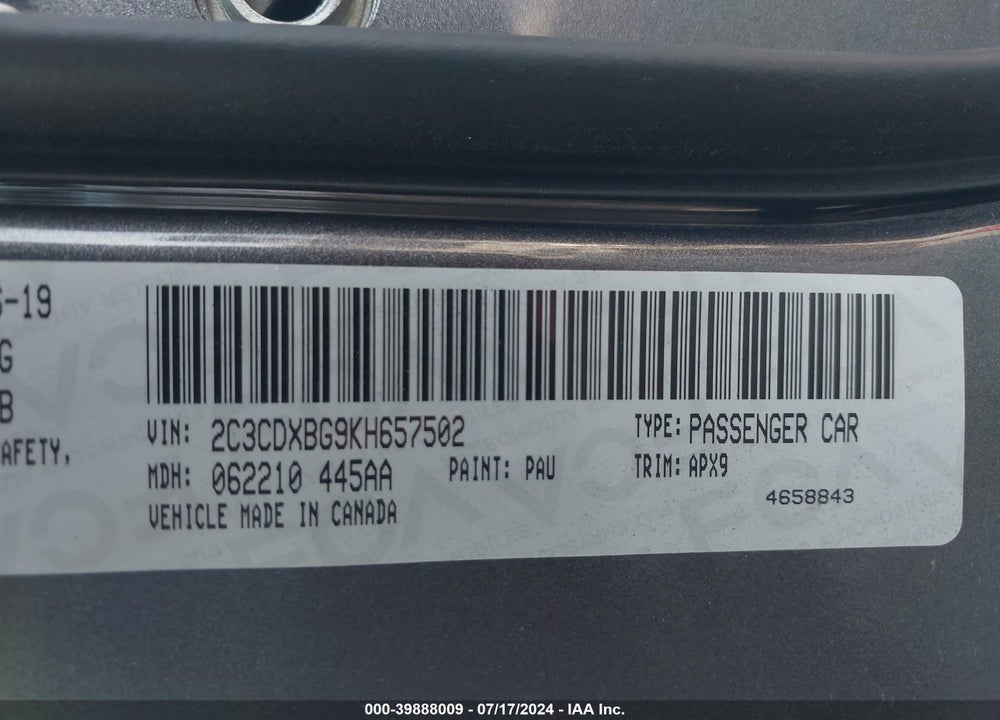 2019 DODGE CHARGER SXT RWD VIN: 2C3CDXBG9KH657502