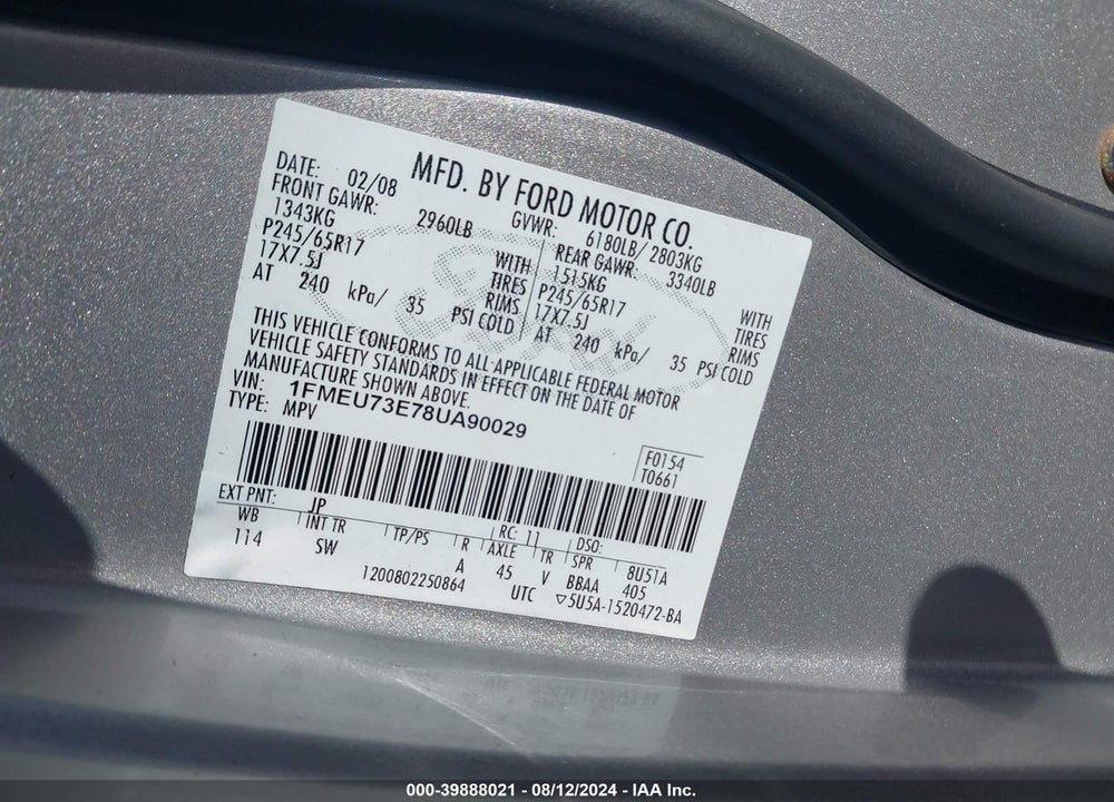 2008 FORD EXPLORER XLT VIN: 1FMEU73E78UA90029