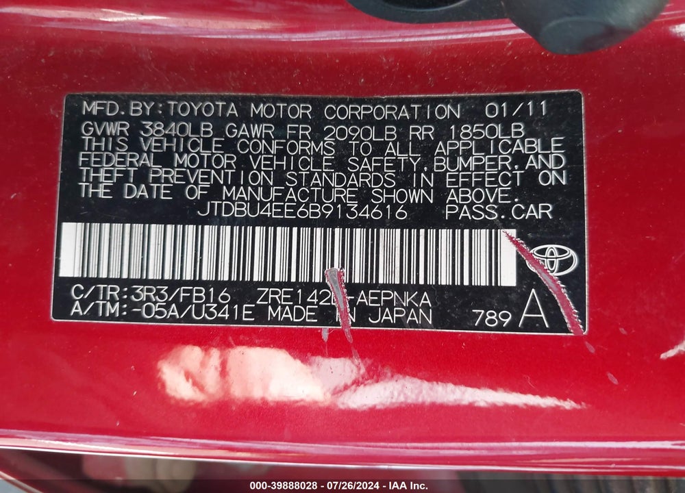 2011 TOYOTA COROLLA LE VIN: JTDBU4EE6B9134616