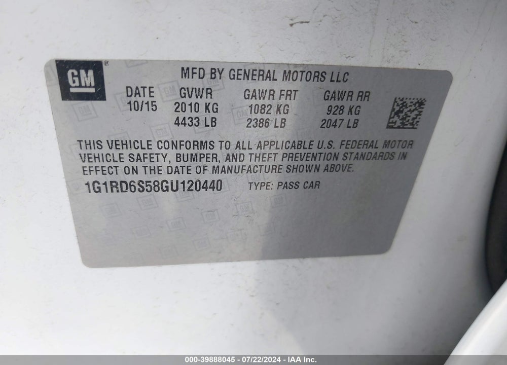 2016 CHEVROLET VOLT PREMIER VIN: 1G1RD6S58GU120440