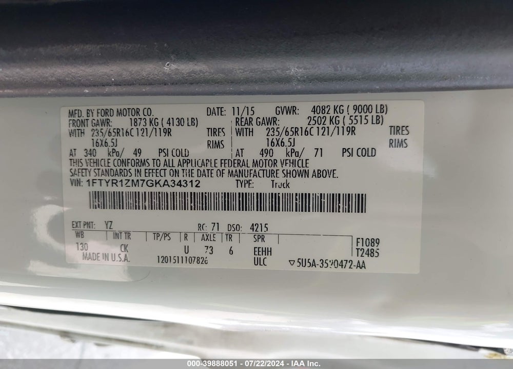 2016 FORD TRANSIT-250 VIN: 1FTYR1ZM7GKA34312