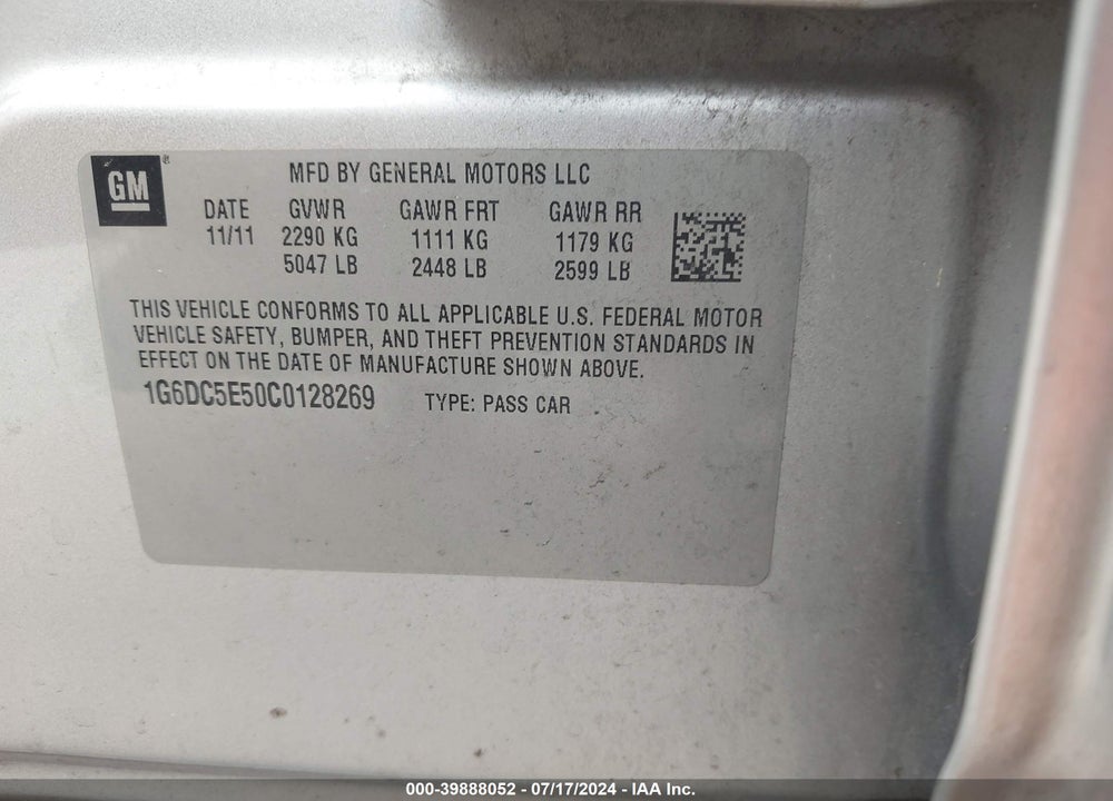 2012 CADILLAC CTS STANDARD VIN: 1G6DC5E50C0128269