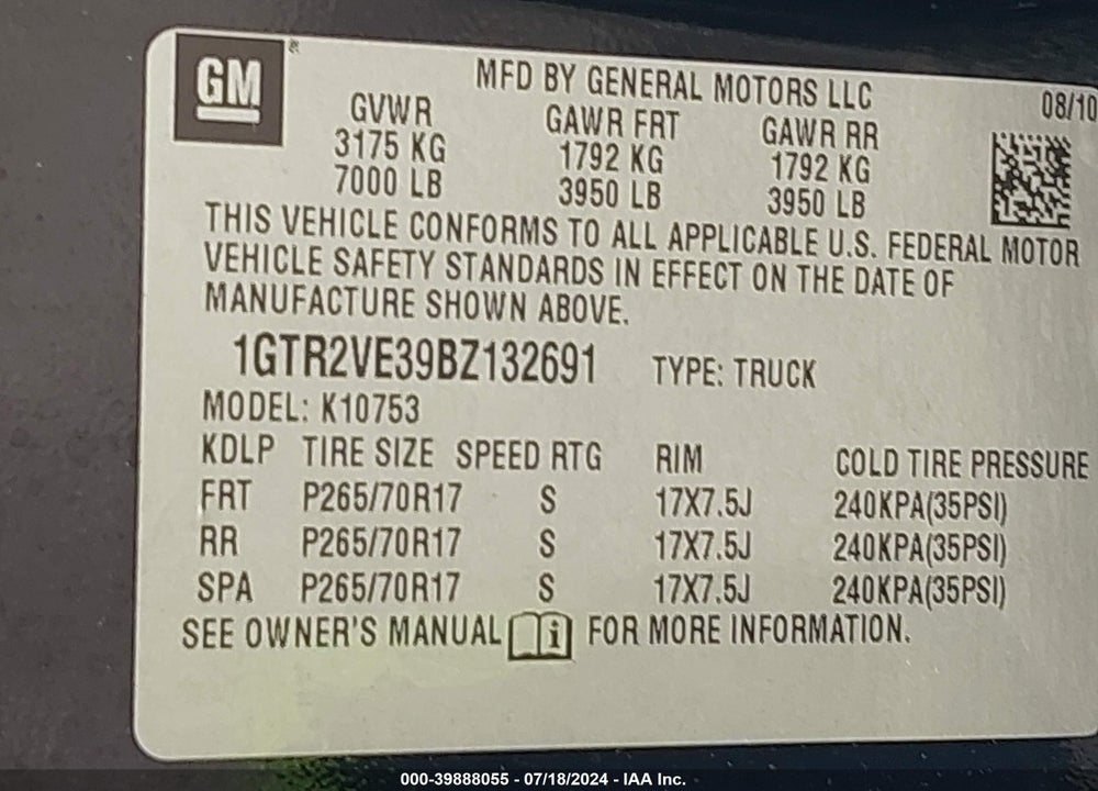 2011 GMC SIERRA 1500 VIN: 1GTR2VE39BZ132691
