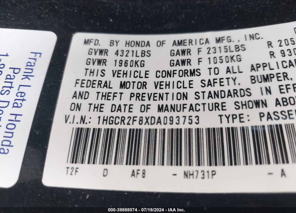 2013 HONDA ACCORD EX-L VIN: 1HGCR2F8XDA093753