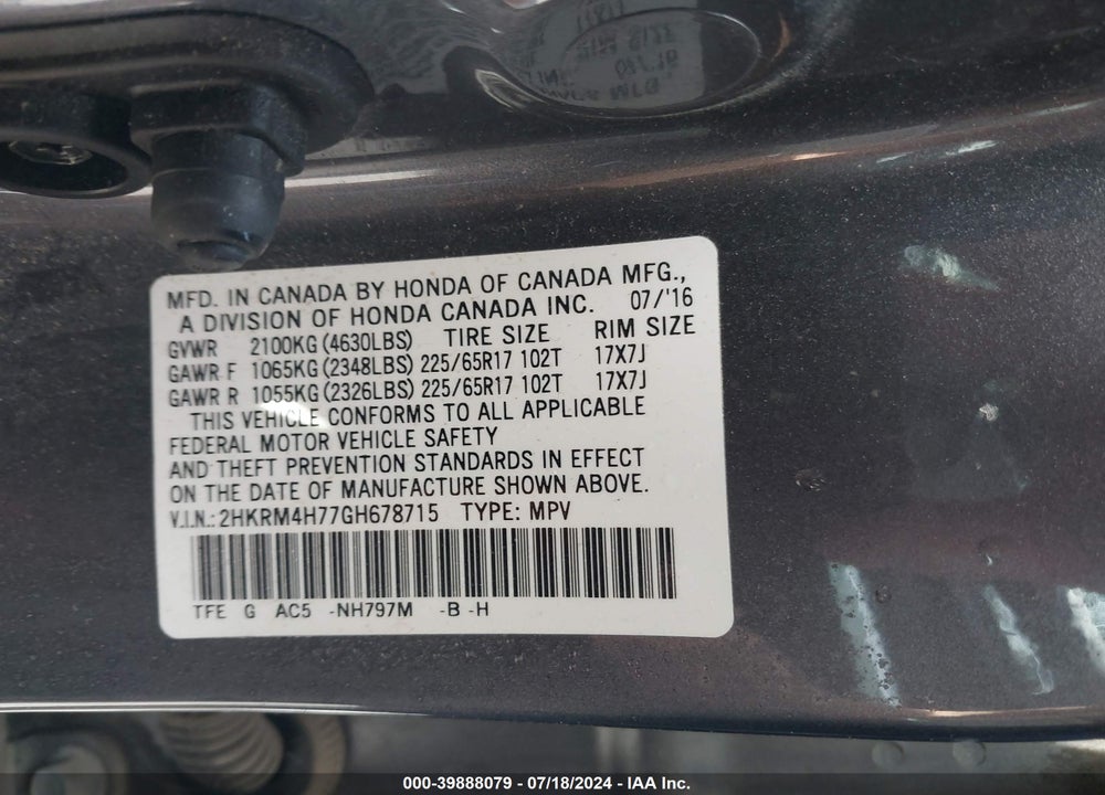 2016 HONDA CR-V EX-L VIN: 2HKRM4H77GH678715