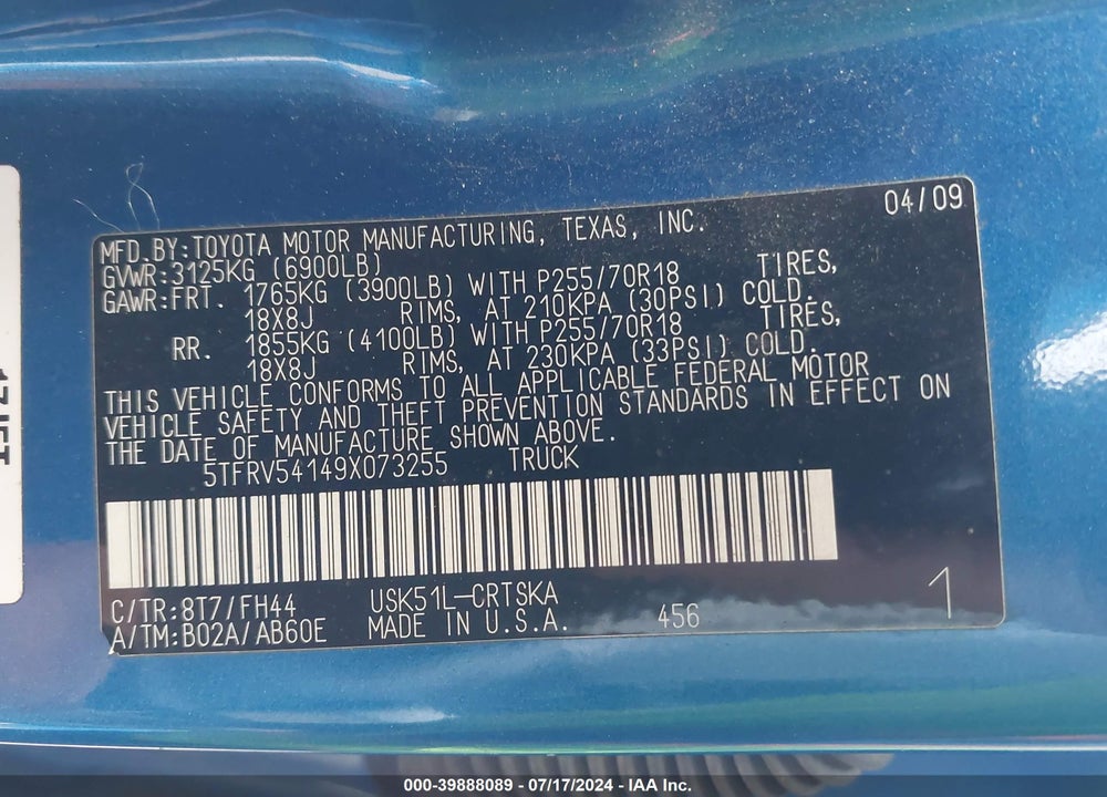 2009 TOYOTA TUNDRA VIN: 5TFRV54149X073255