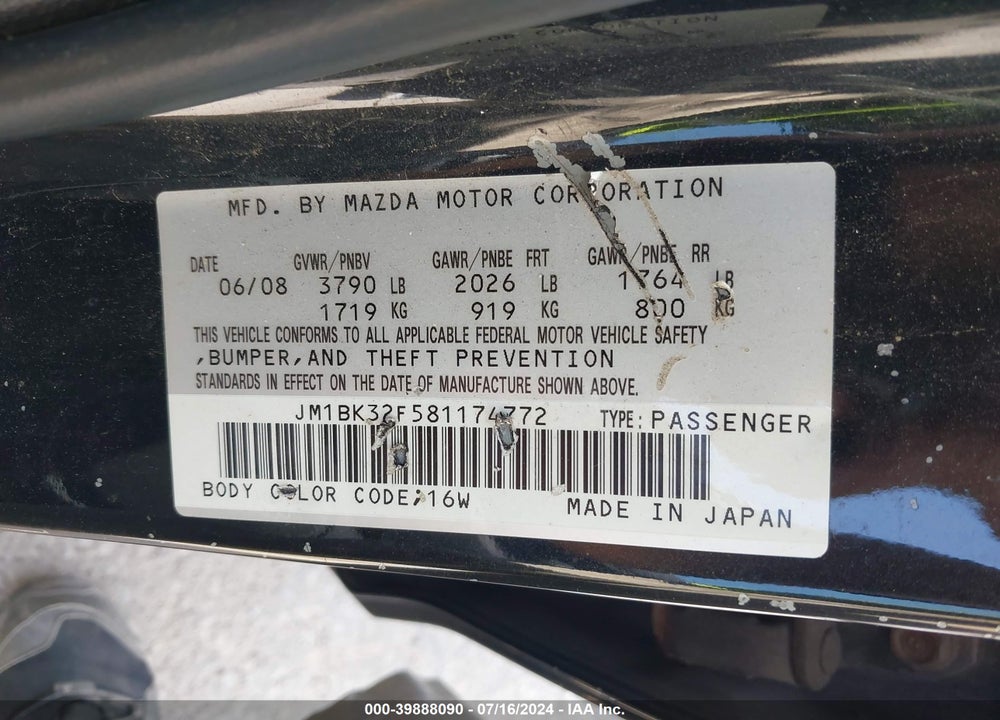 2008 MAZDA 3 I TOURING VALUE VIN: JM1BK32F581174772