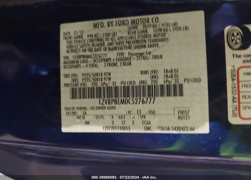 2012 FORD MUSTANG V6 PREMIUM VIN: 1ZVBP8EM0C5276777