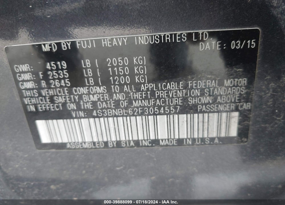 2015 SUBARU LEGACY 2.5I LIMITED VIN: 4S3BNBL62F3054557