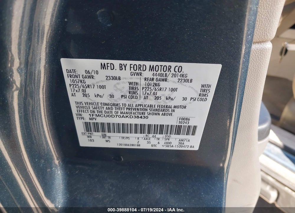 2010 FORD ESCAPE XLT VIN: 1FMCU0D70AKD38430