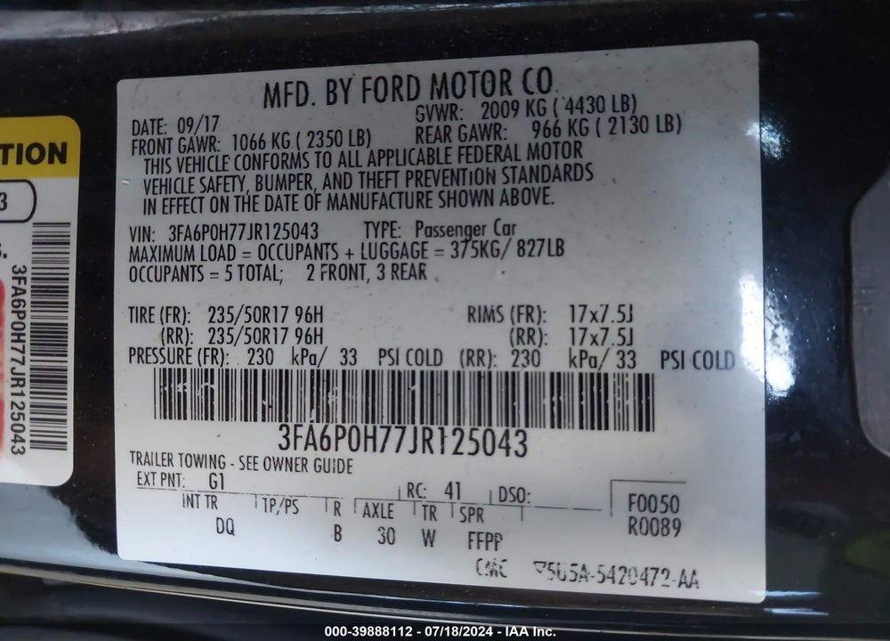 2018 FORD FUSION SE VIN: 3FA6P0H77JR125043