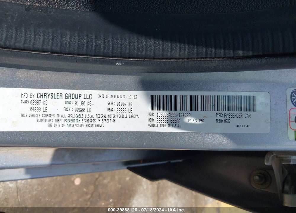 2014 CHRYSLER 200 LX VIN: 1C3CCBAB9EN124928