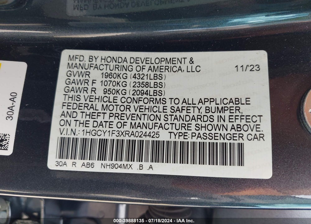 2024 HONDA ACCORD EX VIN: 1HGCY1F3XRA024425
