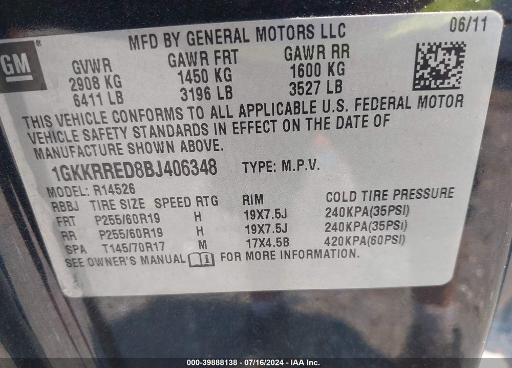 2011 GMC ACADIA SLT-1 VIN: 1GKKRRED8BJ406348