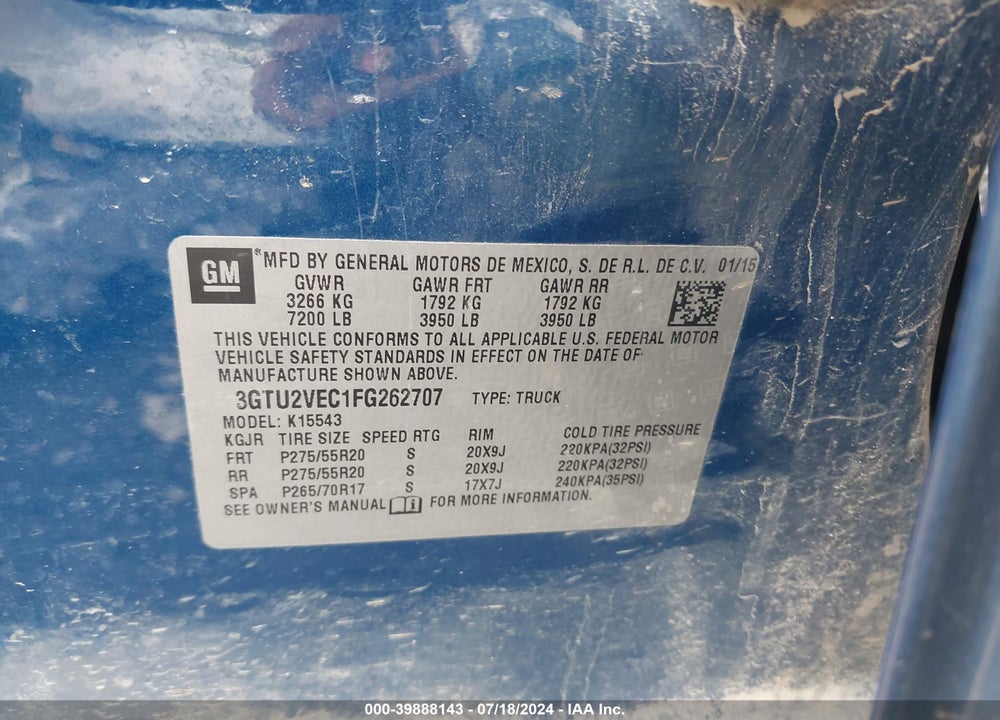 2015 GMC SIERRA 1500 SLT VIN: 3GTU2VEC1FG262707