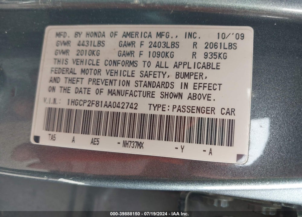 2010 HONDA ACCORD SDN 2.4 EX-L/EX-L VIN: 1HGCP2F81AA042742